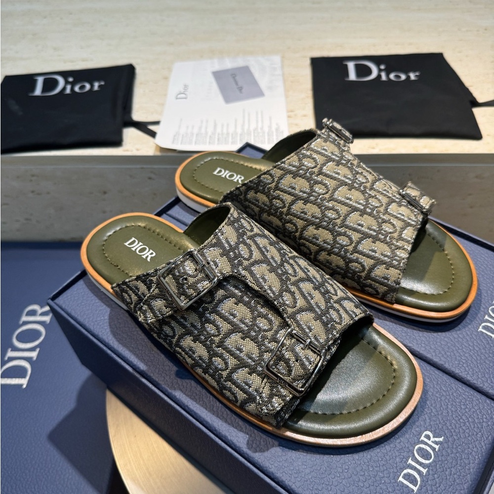 Dior Monogram Slide Sandals in Olive and Beige - Picture 4 of 6